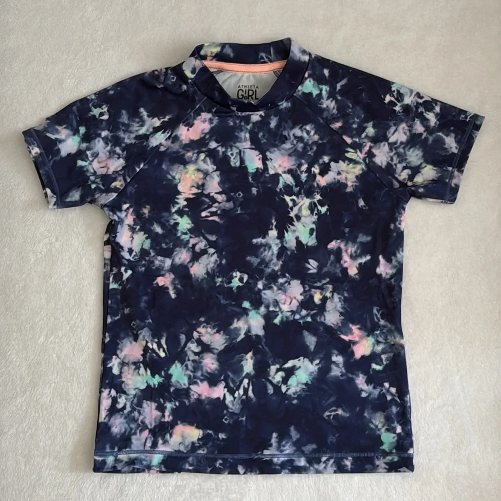 Athleta Girl | Mock Neck Short Sleeve Swim Rashguard Top Aura Tie Dye (M 8-10) - Picture 14 of 14